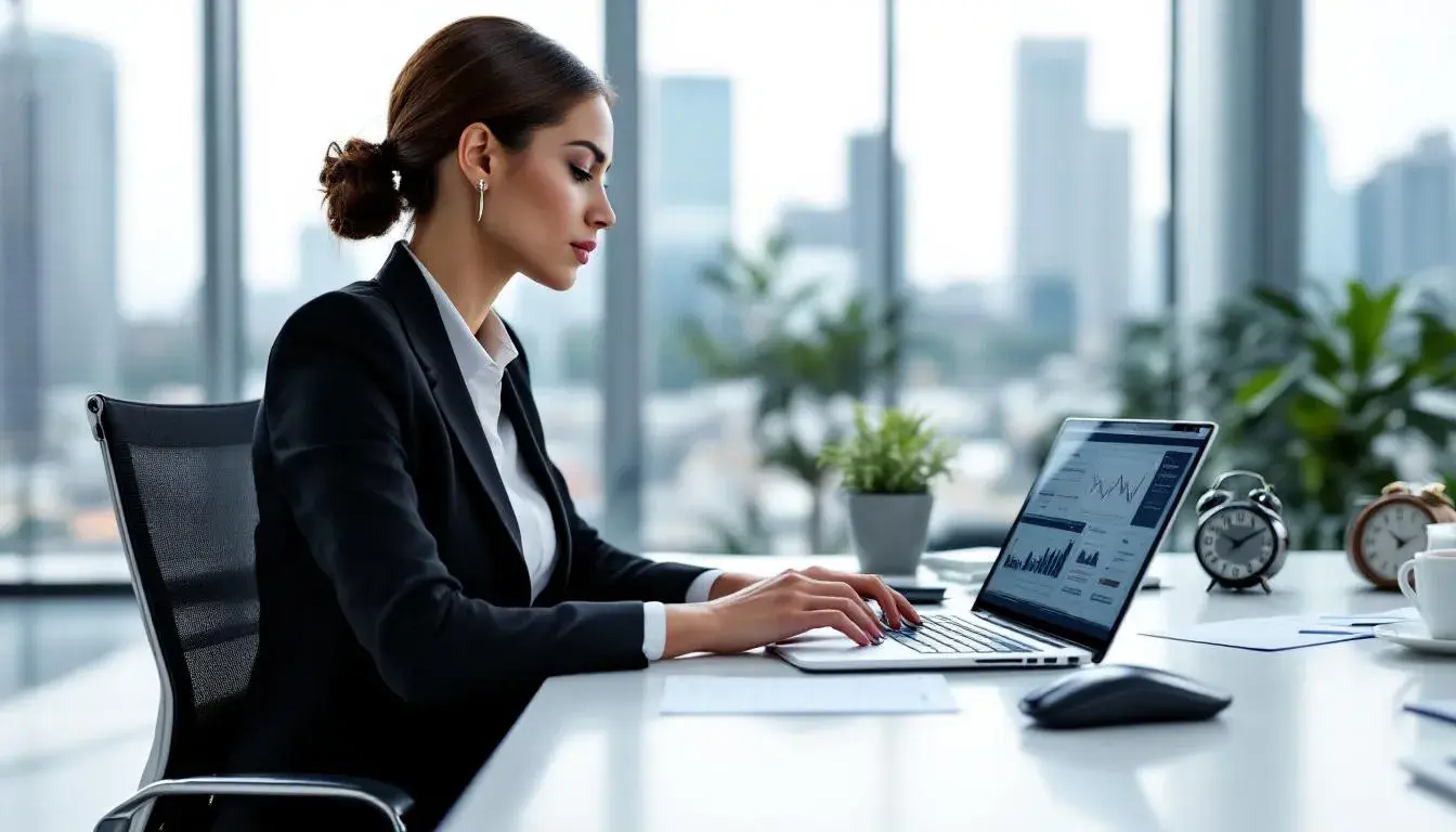 Eine Geschäftsfrau arbeitet konzentriert an ihrem Laptop, während Finanzgrafiken auf dem Bildschirm angezeigt werden, die verschiedene Anlagemöglichkeiten und Renditen darstellen. Sie analysiert Strategien zur Geldanlage, um ihr Vermögen für den Ruhestand zu optimieren.