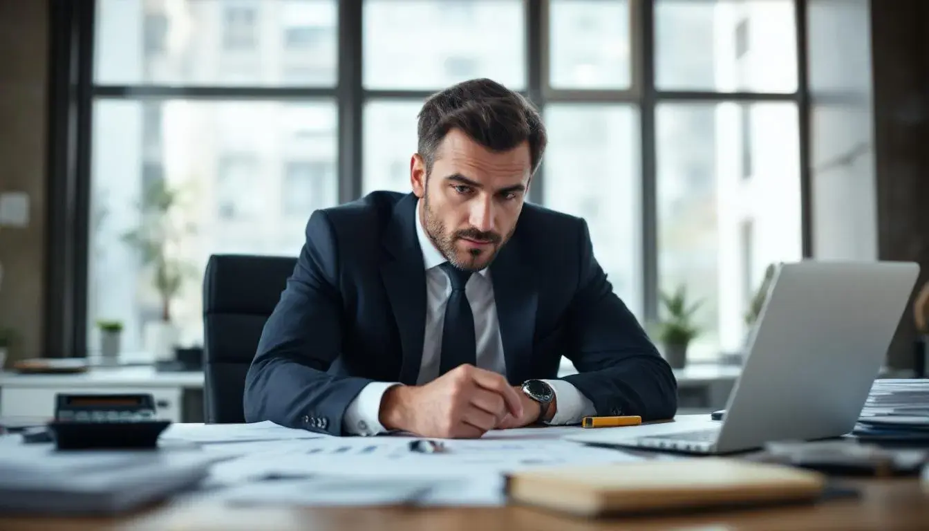 Ein Geschäftsmann sitzt an seinem Schreibtisch und plant seine Finanzstrategie, um sein Vermögen zu vermehren. Vor ihm liegen Dokumente und ein Taschenrechner, während er über Anlagemöglichkeiten wie Aktien und Festgeld nachdenkt, um 500.000 Euro anzulegen und seine Ziele für den Ruhestand zu erreichen.