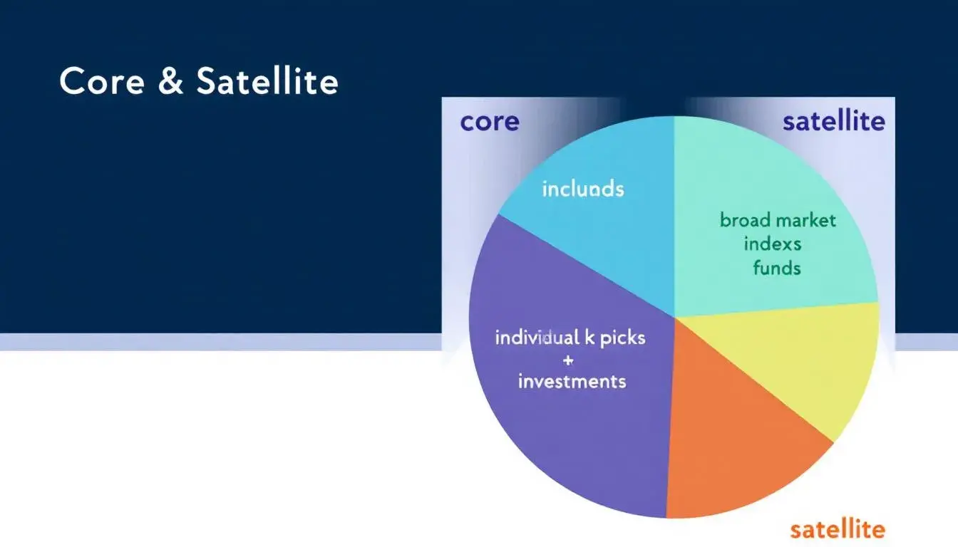 Das Bild zeigt ein ETF-Portfoliodiagramm, das die Verteilung einer Kern-Satelliten-Strategie veranschaulicht, wobei verschiedene Anlageklassen wie Aktien-ETFs und Anleihen-ETFs dargestellt sind. Diese Übersicht bietet Anlegern einen Einblick in die Diversifikation und Gewichtungen ihrer ETF-Portfolios, um eine optimale Geldanlage zu erreichen.