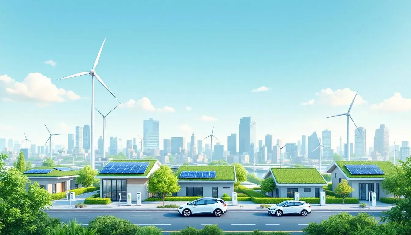 Das Bild zeigt eine grafische Darstellung von nachhaltigen Investitionen in grüne Technologien und erneuerbare Energien, die im Kontext von EU-Vorschriften und Artikel 9 stehen. Es verdeutlicht die Bedeutung von CO2-Emissionen und die Kriterien für die Auswahl von Fonds, die im Einklang mit den Pariser Klimazielen stehen.