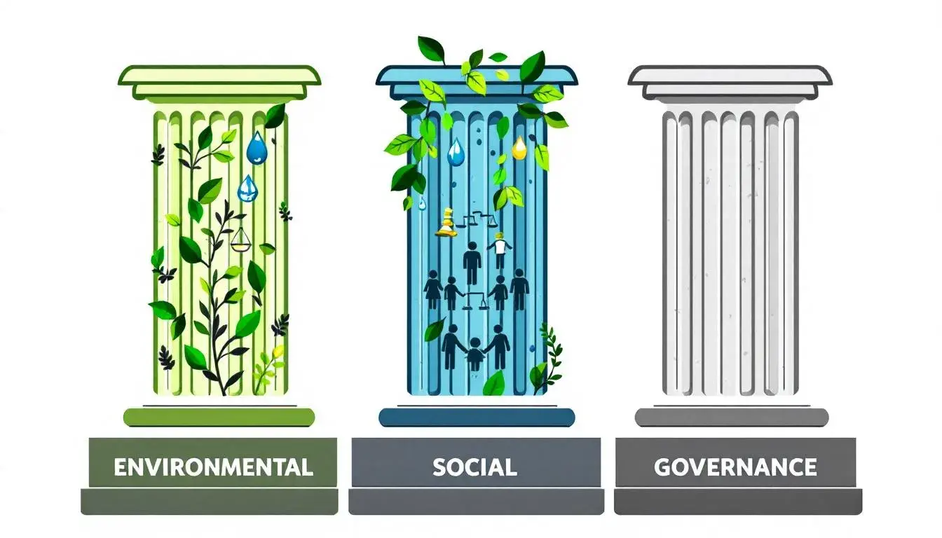 In der Abbildung sind die drei Säulen der Nachhaltigkeit dargestellt: Umwelt, Soziales und Unternehmensführung, die für ESG-Investitionen von zentraler Bedeutung sind. Diese Säulen verdeutlichen, wie wichtig es ist, bei Geldanlagen nicht nur finanzielle, sondern auch ökologische und soziale Kriterien zu berücksichtigen.