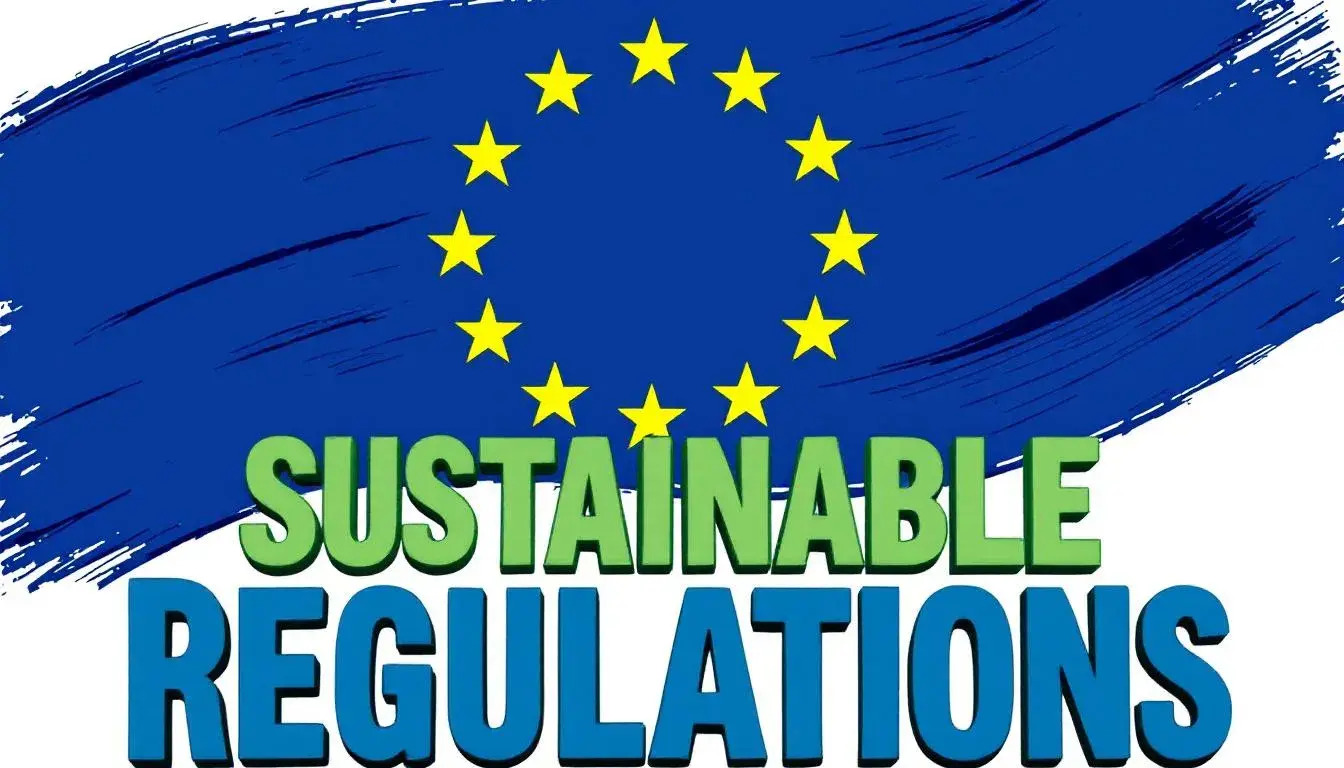 Die europäische Flagge ist im Vordergrund, umgeben von Symbolen und Grafiken, die nachhaltige Finanzregulierungen darstellen, einschließlich Elemente wie CO2-Emissionen und Investitionen in Fonds. Diese Darstellung betont die Wichtigkeit von ESG-Investitionen und den Einfluss der EU-Vorschriften auf die Reduktion von Treibhausgasen im Finanzsystem.