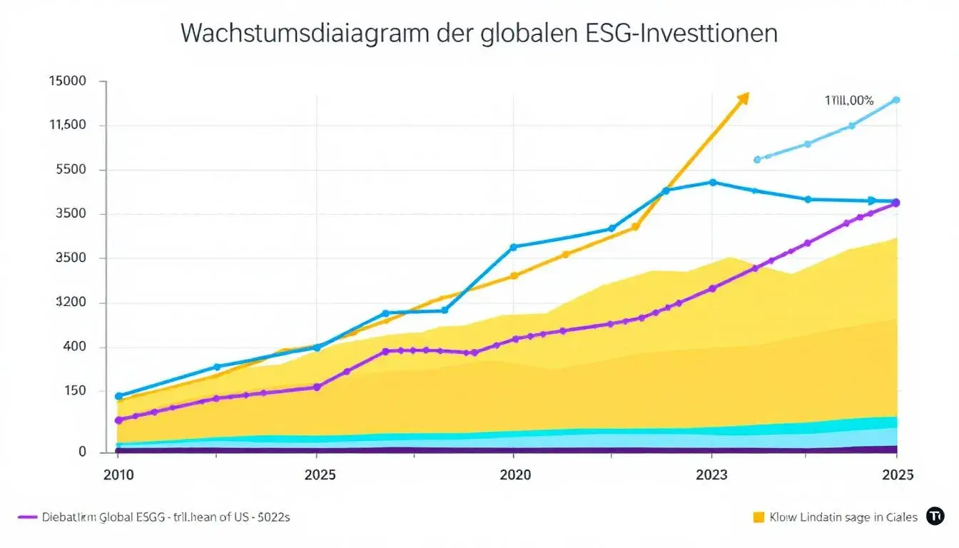 Das Bild zeigt ein Wachstumsdiagramm der globalen ESG-Investitionen, das die steigende Bedeutung von nachhaltigen Geldanlagen und deren Entwicklung im Kontext von CO2-Emissionen und klimabedingtem Wandel veranschaulicht. Es illustriert die verschiedenen Fonds und deren Leistung im Vergleich zu den EU-Referenzwerten und Benchmarks, einschließlich der Paris-aligned Benchmark.